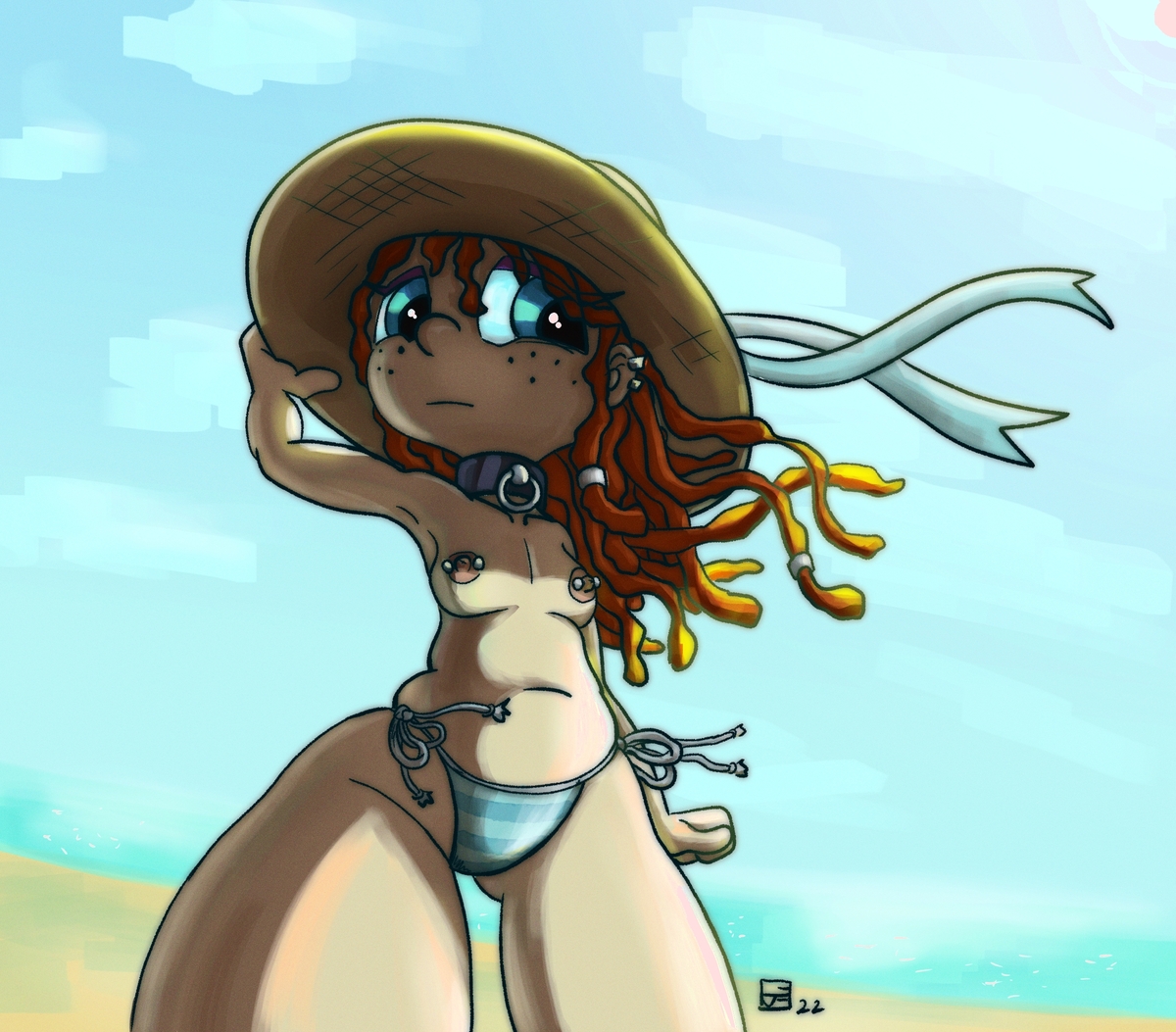 Ilustración de una chica con rastas haciendo topless en la playa