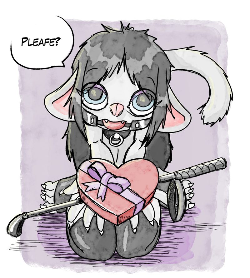 Ilustración para San Valentín, mostrando un gato furry sosteniendo una caja de bombones y una fusta